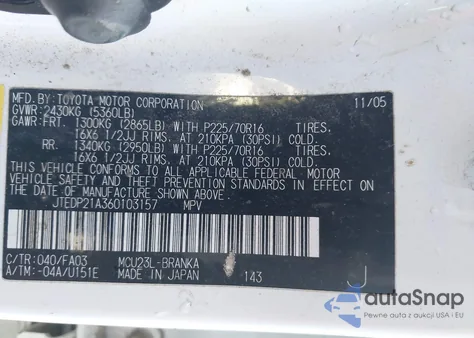 2006 Toyota Highlander V6 from USA, damaged, VIN JTEDP21A360103157